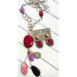 NEW NWT Chico’s Reversible Red Purple Stone Charm Necklace Earring Set $74.95
